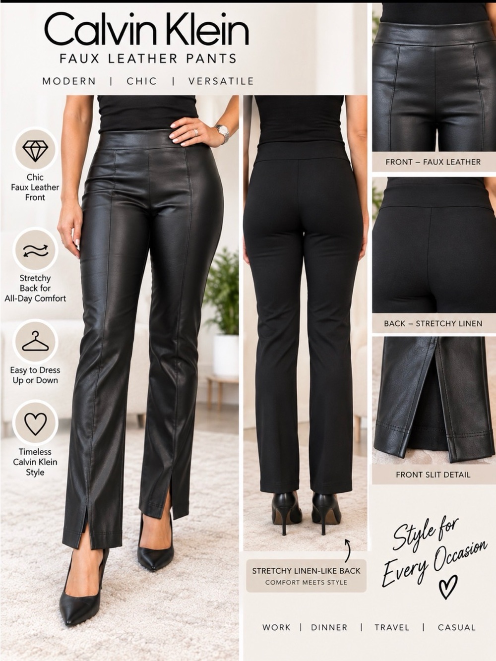 Calvin Klein Black Faux Leather Straight-Leg Pants with Front Slit Detail